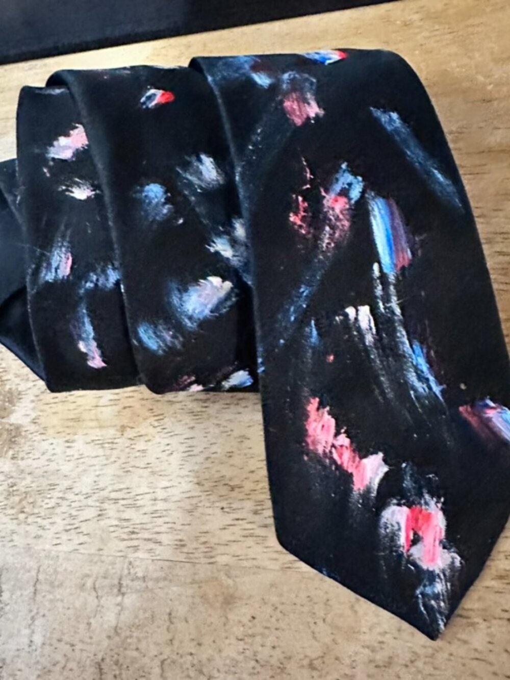 Italian Silk Tie Mens Necktie Hand painted Black Upcycled Neon Ornge Blue White